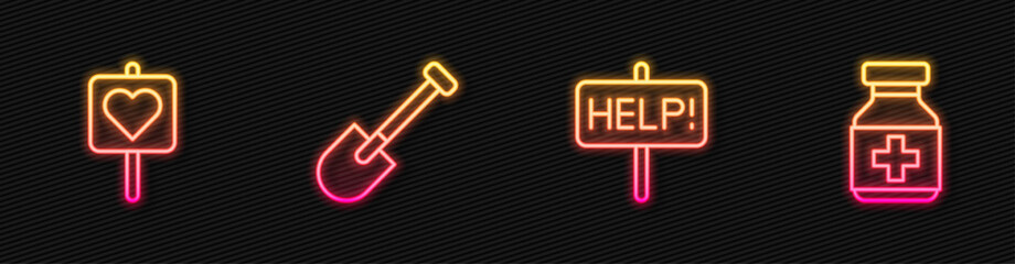 Wall Mural - Set line Help sign, Location with heart, Shovel and Medicine bottle and pills. Glowing neon icon. Vector