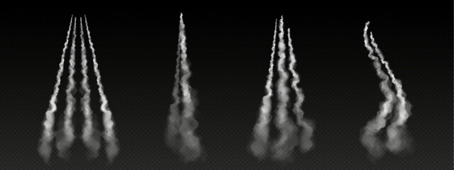 Wall Mural - set of realistic airplane contrails png on transparent background. vapor tracks left in sky after ai
