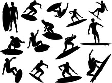 A Set Of High Quality Detailed Silhouettes Of A Surfer Surfing The Waves On His Surfboard