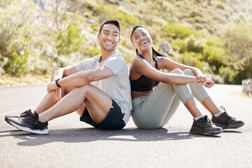 Poster - Health, fitness and friends relax after workout in nature, sitting and talking in a road outdoors. Rest, wellness and conversation with diverse man and woman taking a break together after cardio run