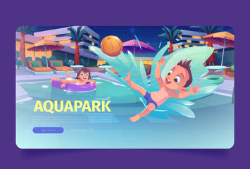 Aquapark cartoon landing page template. Vector illustration of happy little boy and girl swimming in pool, playing, having fun in water. Active rest for family with children. Resort website design