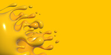 3d Splash Of Yellow Liquid. Abstract Banner With Three Dimensional Orange Paint That Flows. Volumetric Stains