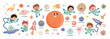 © TWINS DESIGN STUDIO - Set of cute universe planet element vector. Solar system with Sun, Mercury, Venus, Earth, Moon, Earth, Mars, Jupiter, Saturn, Uranus, Neptune and astronaut. Adorable space set for kids, education.