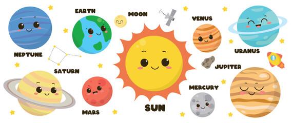Set of cute universe planet element vector. Solar system with Sun, Mercury, Venus, Earth, Moon, Earth, Mars, Jupiter, Saturn, Uranus, Neptune. Adorable space collection for kids, education, banner.