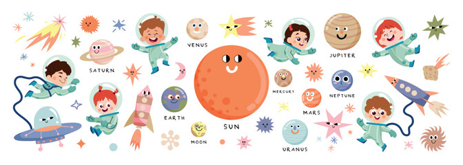 Set of cute universe planet element vector. Solar system with Sun, Mercury, Venus, Earth, Moon, Earth, Mars, Jupiter, Saturn, Uranus, Neptune and astronaut. Adorable space set for kids, education.