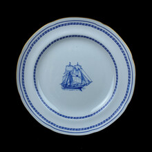 Antique British Blue Porcelain Tea Set With Ship Motifs.antique Plate With Ship Pattern Service Closeup