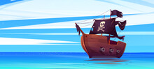 Pirate Ship With Black Flag And And Jolly Roger On Sails. Filibusters Battleship With Cannons Floating On Blue Ocean Water Surface. Legend Of The Seas Cartoon Game Or Book Scene, Vector Illustration