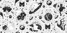 Gothic Cat Pattern. Esoteric Galaxy Anime Background. Space Weird Animal Vector Seamless Print. Abstract Baby Alchemy Cat Background. Occult Backdrop Horror Art. Witch Black Creative Halloween Pattern