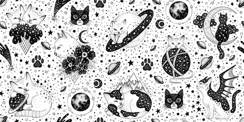 Gothic cat pattern. Esoteric galaxy anime background. Space weird animal vector seamless print. Abstract baby alchemy cat background. Occult backdrop horror art. Witch black creative halloween pattern