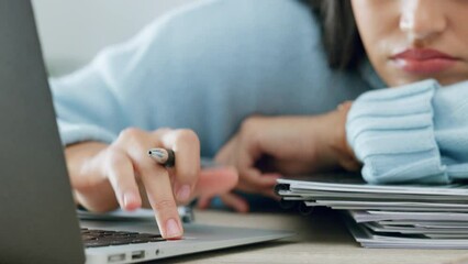 Wall Mural - Tired student with laptop and books sad with writing quality, research problem or copywriting at a desk. Woman on pc internet surfing for inspiration, blog ideas while studying or working on article