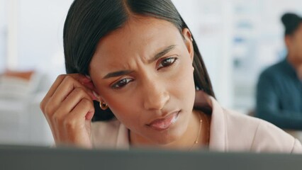 Confused, stress and business woman face with laptop 404 glitch, software hack or cyber security risk in office. Indian worker, employee or digital programmer with communication technology data error