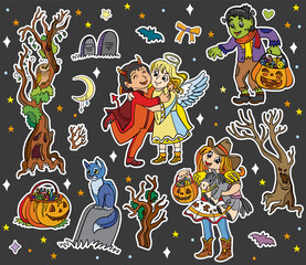 Halloween kids and elements sticker black set vector illustration