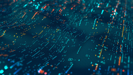 Tech cyber code stream. Terabytes of binary code data flying in a stream of information. Wavy field of coded blockchains. Neural network, points and numbers 3D illustration