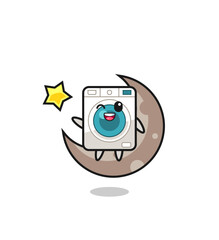 Sticker - illustration of washing machine cartoon sitting on the half moon