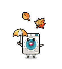 Wall Mural - cartoon of the cute washing machine holding an umbrella in autumn