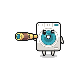Wall Mural - cute washing machine character is holding an old telescope