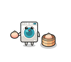 Poster - cute washing machine character eating steamed buns