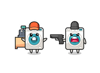 Sticker - illustration of the cute washing machine as a cashier is pointed a gun by a robber