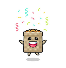 Wall Mural - happy wheat sack mascot jumping for congratulation with colour confetti