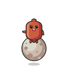 Wall Mural - illustration of sausage cartoon sitting on the moon