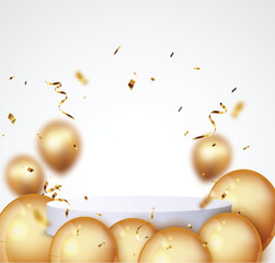 Wall Mural - Podium with gold confetti and balloons, isolated on transparent background