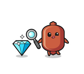 Poster - sausage mascot is checking the authenticity of a diamond