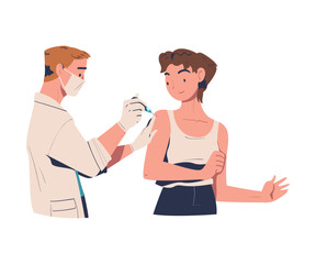 Sticker - Vaccination with Woman Character Vaccinated in Her Upper Arm with Doctor Holding Syringe Vector Illustration