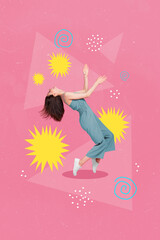 Wall Mural - Vertical creative collage image of positive funny funky young woman dancing tiptoes have fun enjoy party disco isolated painting background