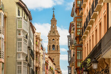 Beautiful Cityscape About Logroño City With One Of The  Bell Towers Of The Cathedral. La Rioja, Spain