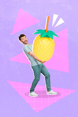 Sticker - Vertical composite collage picture of excited guy arms hold huge pineapple isolated on drawing background