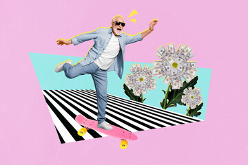 Sticker - Collage photo of old aged senior attractive funny man ride skate street flowers money growing success summer isolated on pink color background