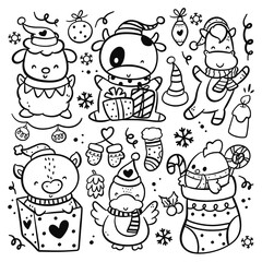 Wall Mural - Set of hand drawn cartoon Christmas animal vector illustration