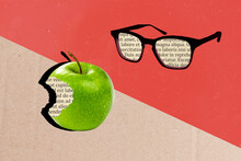 Collage Photo Of Abstract Objects Apple Eyewear Glasses Information Newspaper Isolated On Two Color Split Painted Background