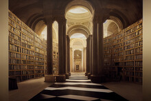 Concept Art Featuring The Inside Of Vatican Apostolic Archives. Secret And Forbidden Repository Containing State Papers. Digital Illustration Of A Large Library, Interiors And Rooms Wallpaper
