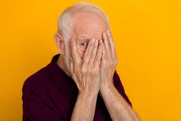 Sticker - Photo of sad aged grey hairdo man close face wear blueberry t-shirt isolated on yellow color background