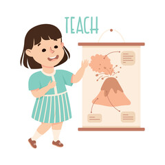 Poster - Little Girl Teaching Demonstrating Vocabulary and Verb Studying Vector Illustration