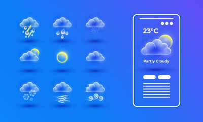 Wall Mural - template application interface with weather information and a set of icons with clouds, rain, lightn
