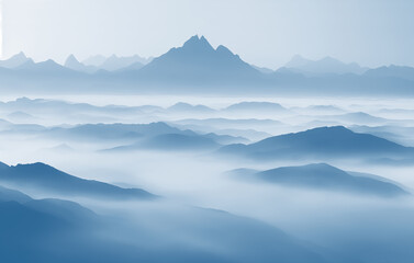  Beautiful mountain landscape. Panorama of silhouettes of mountains in the fog. Pictorial illustration for backgrounds, wallpapers, photo wallpapers, murals, posters.