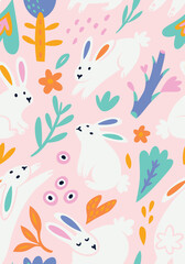 Wall Mural - Seamless pattern with white rabbits, flowers and leaves in tender colours. Vector illustration