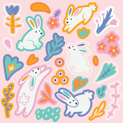 Wall Mural - Cute cartoon sticker set with white rabbits, flowers and leaves. Vector flat illustration