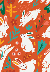 Wall Mural - Seamless pattern with white rabbits, flowers and leaves in red colours. Vector illustration