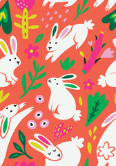 Wall Mural - Seamless pattern with white silhouette rabbits, flowers and leaves. Vector illustration