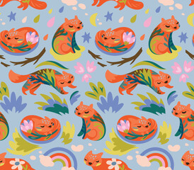 Wall Mural - Cute foxes pattern. Seamless childish background with cartoon foxes characters 