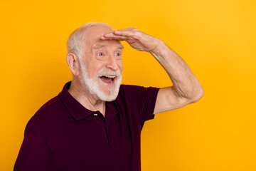 Sticker - Profile side photo of excited senior man hand touch forehead look empty space isolated over yellow color background