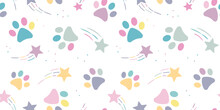 Colorful Paws On White Background, Seamless Paw Pattern,