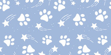 White And Blue Paw Pattern, Vector Background