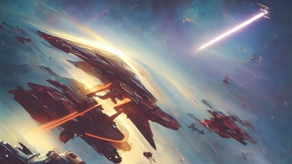 Wall Mural - Space battle of spaceships and battle cruisers, laser shots sparks and explosions. Space fighters are attacking a military base. 3d illustration