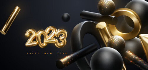 Wall Mural - Golden 2023 numbers, party popper cone and glittering confetti isolated on black.