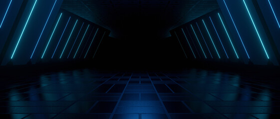 Poster - Futuristic Tech Illuminated Corridor Interior Design Minimal Light Blue Turquoise Banner Background Wallpaper