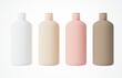 Four different shampoo bottles, pastel color plastic cosmetic packaging assorted set 3D render isolated on white background, mock-up ready hair care product